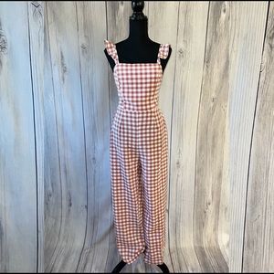 Gingham Tie Back Ruffle Straps Jumpsuit